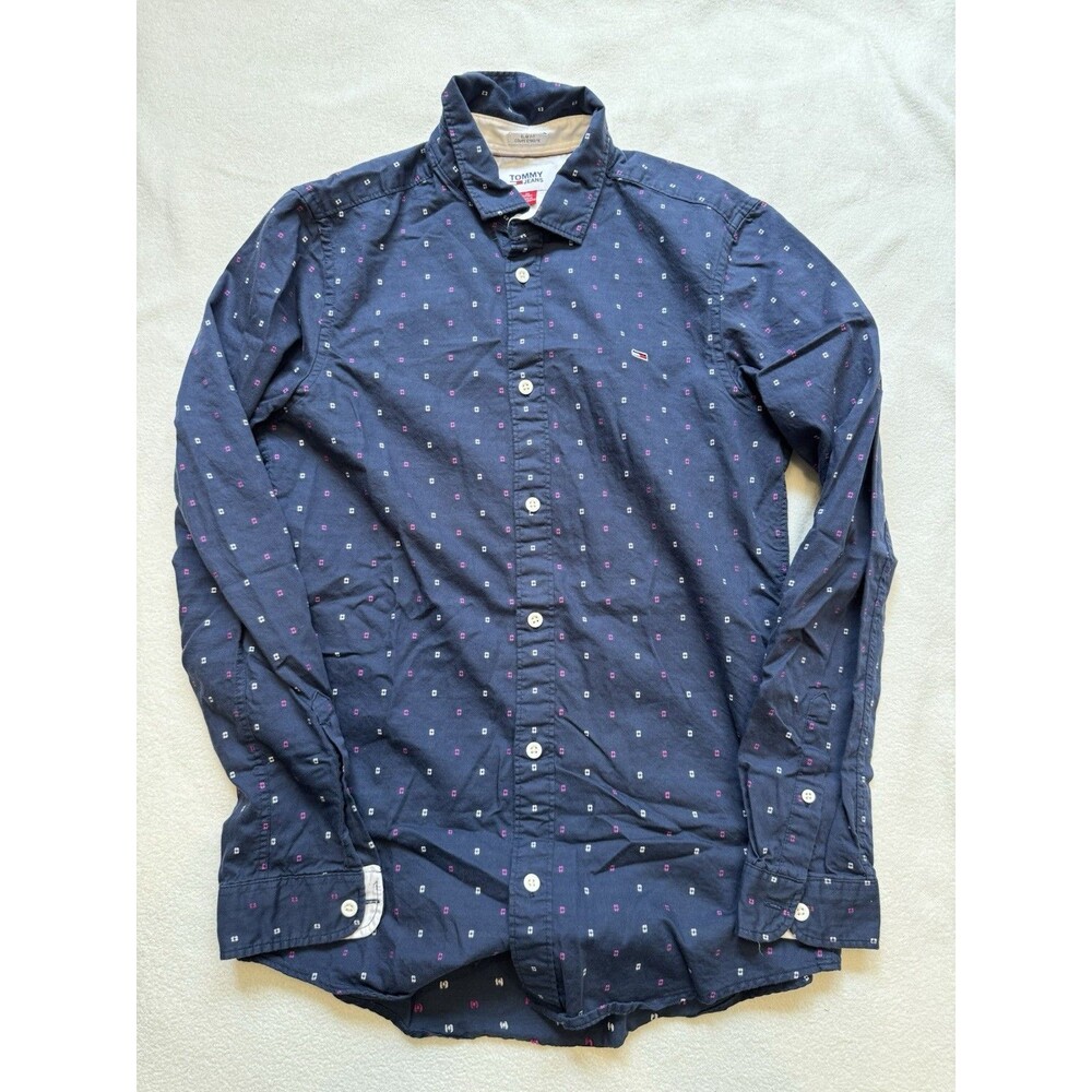 Tommy Hilfiger Mens Shirt Slim Fit Sz XS Navy Blue All Over Pattern Tommy Jeans